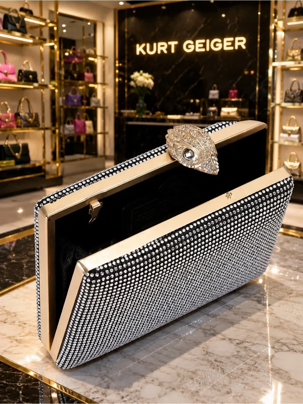 Kurt Geiger Black Crystal-Embellished Rectangle Minaudière Clutch with dust bag